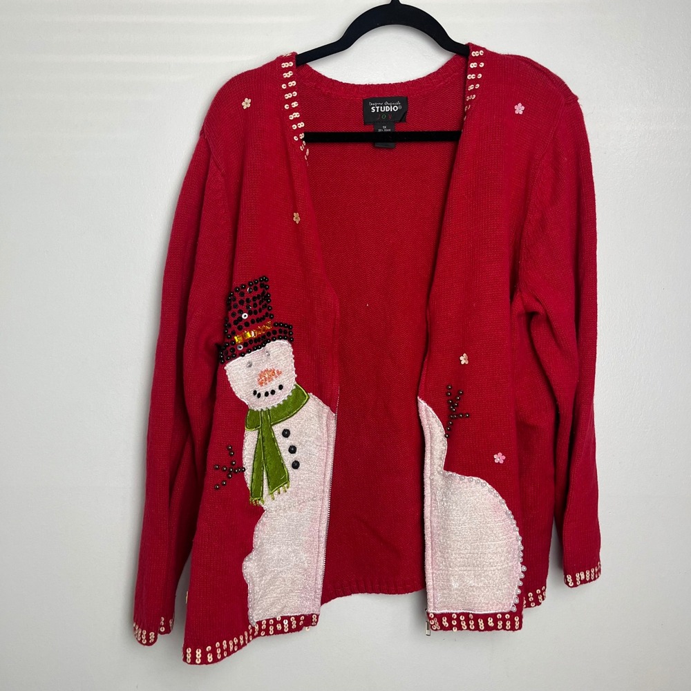 VTG 90s Red Snowman Beaded Sequin Zipper Holiday Christmas Sweater Jacket XL 1X - Picture 2 of 5